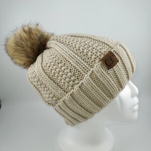 CC Women Thick Cable Knit Faux Fuzzy Fur Pom Fleece Lined Warm Beanie Skull Cap